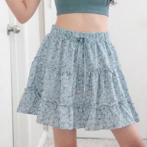 1️⃣ LEFT | #014 | Floral Boho Tiered Mini Skirt | Ash Blue | S/M | Banded Waist
